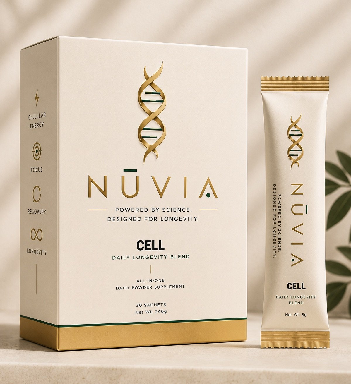 NŪVIA CELL daily longevity blend box and individual sachet