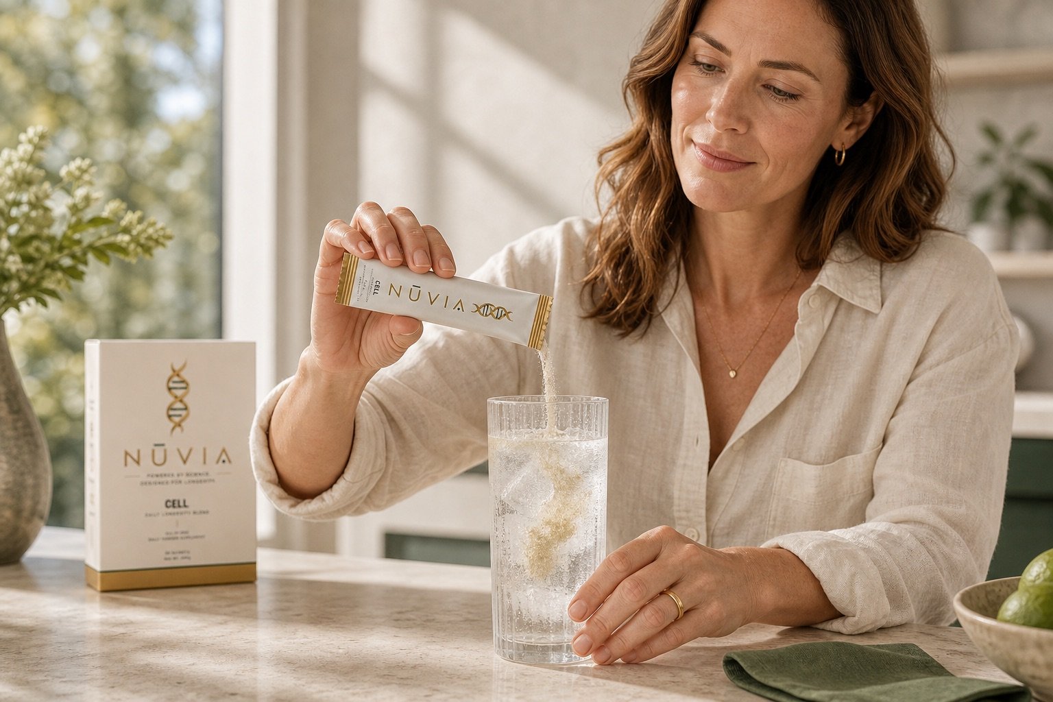 Woman pouring a NŪVIA CELL sachet into a chilled glass of water