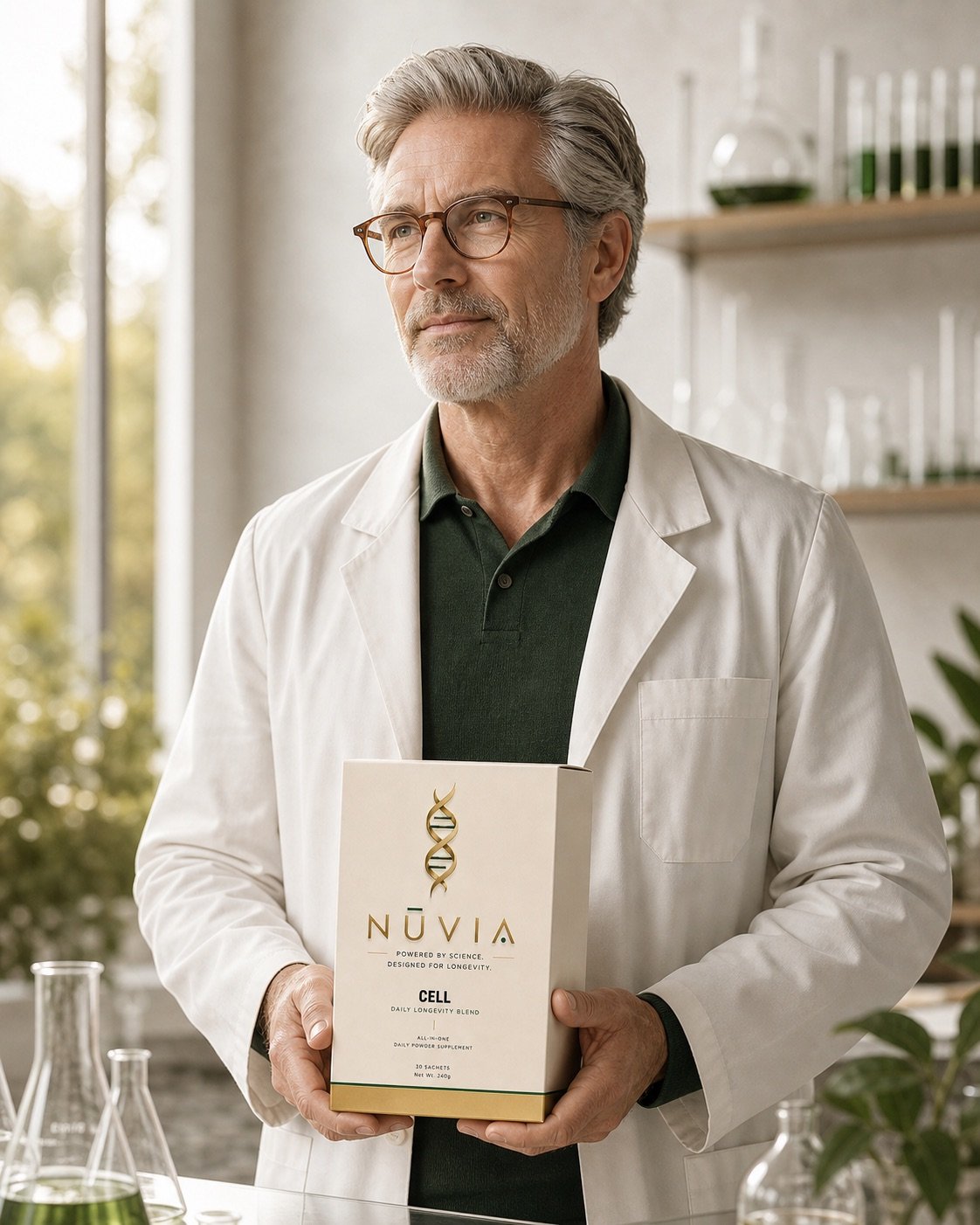 Fictional scientist holding NŪVIA CELL packaging in a contemporary laboratory